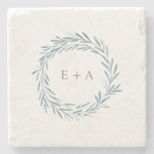 Posavasos De Piedra Blue Watercolor Wreath Monograma Favor de la boda
