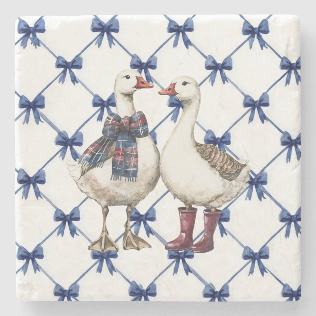 Posavasos De Piedra Blue White Bows Geese Christmas (Anverso)