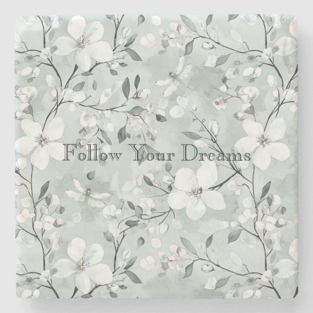 Posavasos De Piedra Blue White Floral Dragonflies (Anverso)