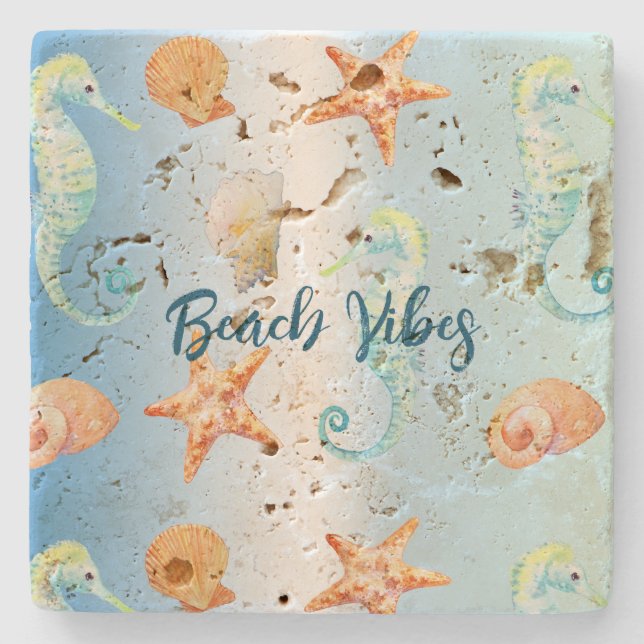 Posavasos De Piedra Blue White Ombre Shells Seahorse Starfish (Anverso)