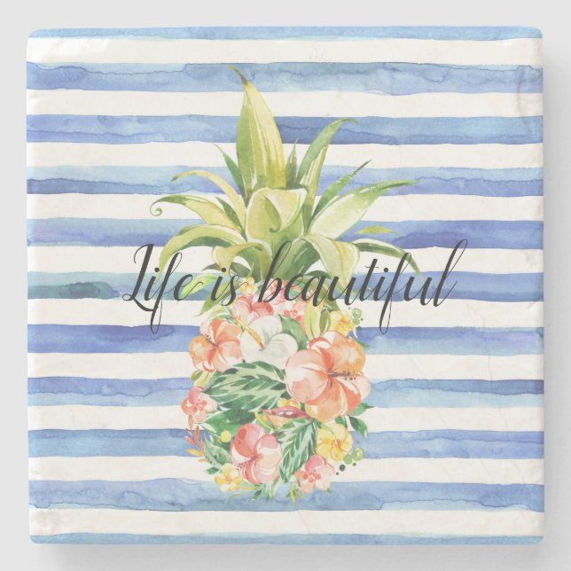 Posavasos De Piedra Blue White Stripes Tropical Floral Pineapple (Anverso)