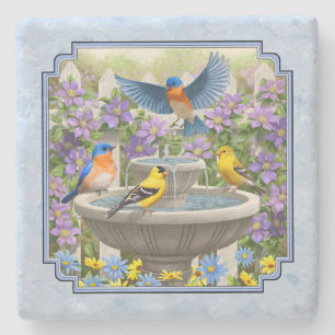 Posavasos De Piedra Bluebirds Goldfinches Flower Garden Fuente Azul