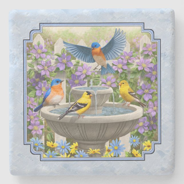 Posavasos De Piedra Bluebirds Goldfinches Flower Garden Fuente Azul (Anverso)