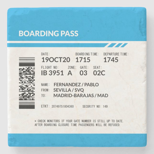 Posavasos De Piedra Boarding Pass (blue) (Anverso)