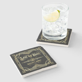 Posavasos De Piedra Boda Art Deco Elegante Oro Negro Guardar la fecha