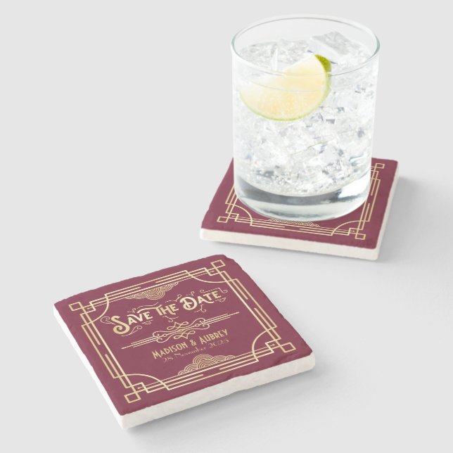 Posavasos De Piedra Boda Art Deco Oro Borgoña Salva la Fecha (Lateral)