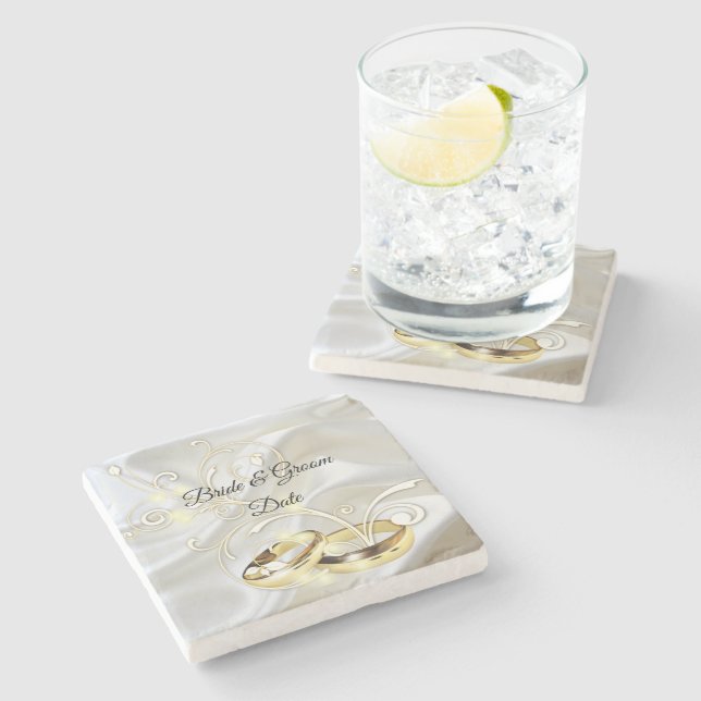 Posavasos De Piedra Boda de diseño de satén blanco y dorado (Lateral)