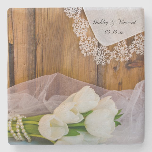 Posavasos De Piedra Boda de granero rústico de tulipanes blancos (Anverso)