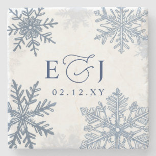 Posavasos De Piedra Boda de Invierno Copos de Nieve Azules Plata Monog