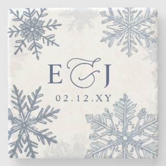 Posavasos De Piedra Boda de Invierno Copos de Nieve Azules Plata Monog