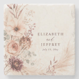Posavasos De Piedra Boda de Otoño Floral Pampas Burgundy Rústica