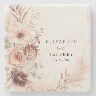 Posavasos De Piedra Boda de Otoño Floral Pampas Burgundy Rústica