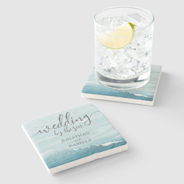 Posavasos De Piedra Boda de verano por el océano oscuro ondulado azul (Lateral)