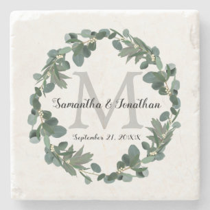 Posavasos De Piedra Boda del Monograma Moderno Eucalyptus Wreath Keeps