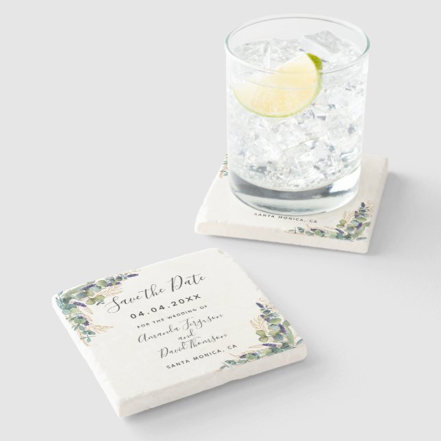 Posavasos De Piedra Boda eucalipto verde Guardar la fecha (Lateral)
