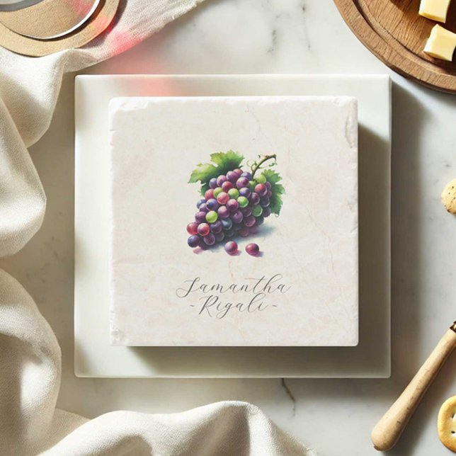 Posavasos De Piedra Boda Favorece el tema de la degustación de vino (Wine gift personalized coasters watercolor grapes designed by Victoria Grigaliunas Do Tell A Belle)
