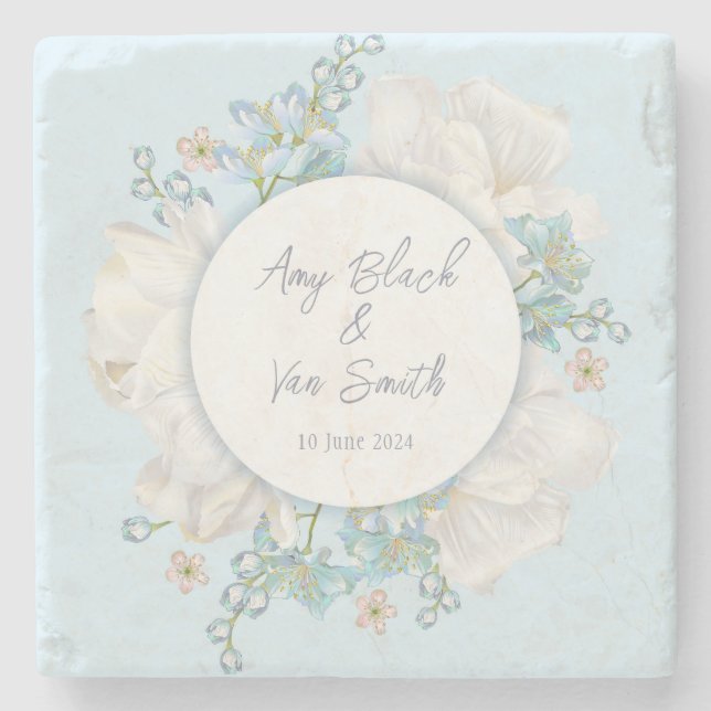 Posavasos De Piedra Boda Floral Azul Tulip (Anverso)