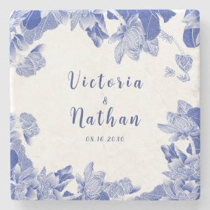 Posavasos De Piedra Boda floral chinoico clásico azul y blanco