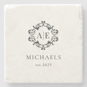 Posavasos De Piedra Boda Monograma de Escudo blanco y negro antiguo
