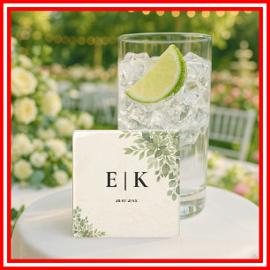 Posavasos De Piedra Boda Monograma de hojas verdes sage Green