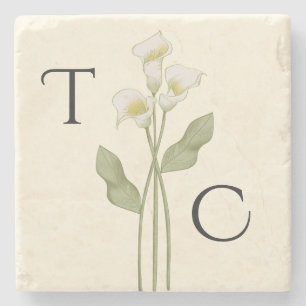 Posavasos De Piedra Boda Monograma de Lirio Art Nouveau Crema