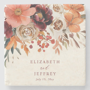 Posavasos De Piedra Boda Otoñal Floral Naranja Borgoña