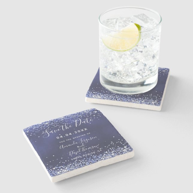 Posavasos De Piedra Boda purpurina azul marino Guardar la fecha (Lateral)