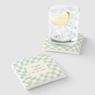 Posavasos De Piedra Boda Retro Groovy Green Checkerboard