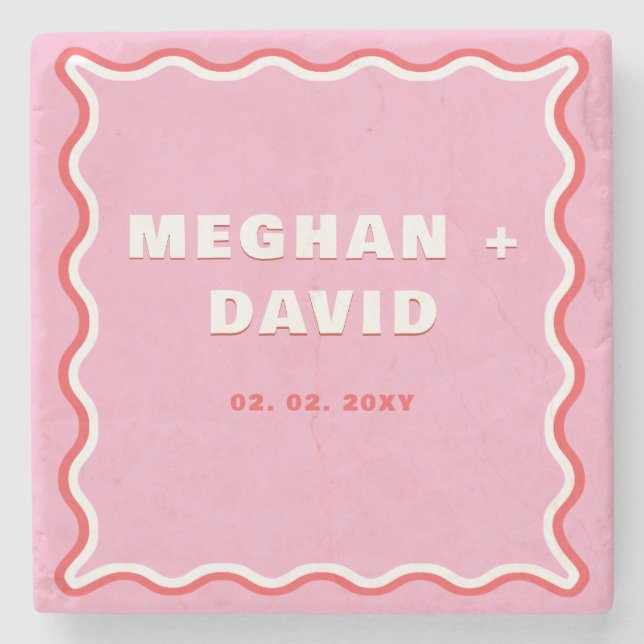 Posavasos De Piedra Boda rojo rosado de la curva ondulada de acequia r (Anverso)