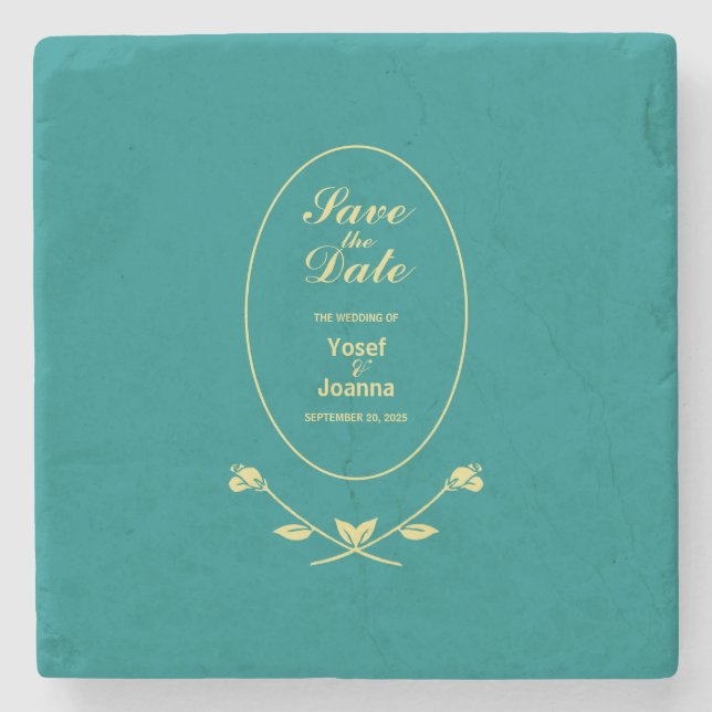 Posavasos De Piedra Boda Rosa verde azulada Guardar la fecha (Anverso)