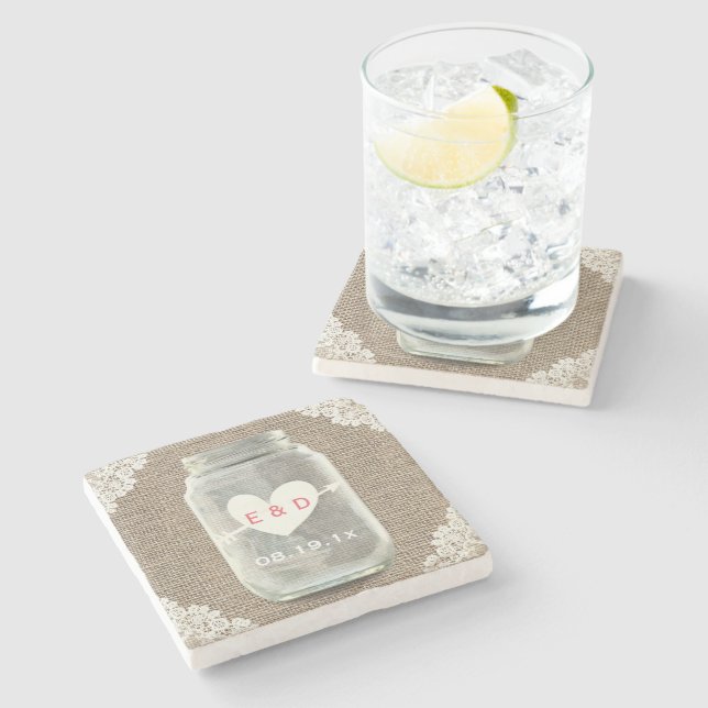 Posavasos De Piedra Boda Rústico Lace & Burlap Mason Jar (Lateral)