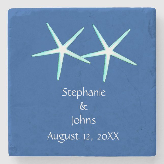 Posavasos De Piedra Bodas Náuticos Blancos Starfish Cute Pareja Azul (Anverso)