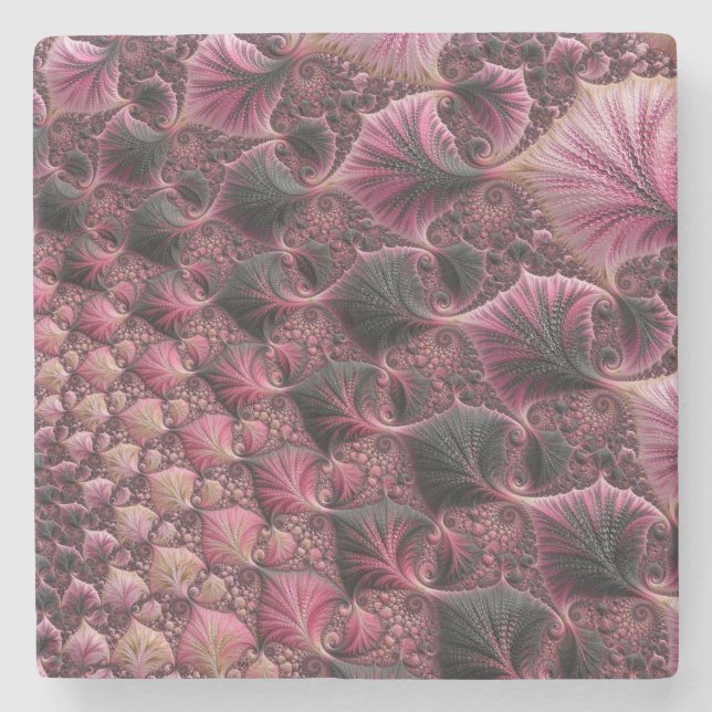 Posavasos De Piedra Boho Funky Ecléctico Rosa Negro Resumen Fractal (Anverso)