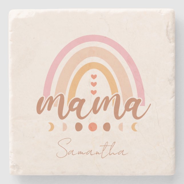 Posavasos De Piedra Boho Rainbow Mama con las fases lunares (Anverso)