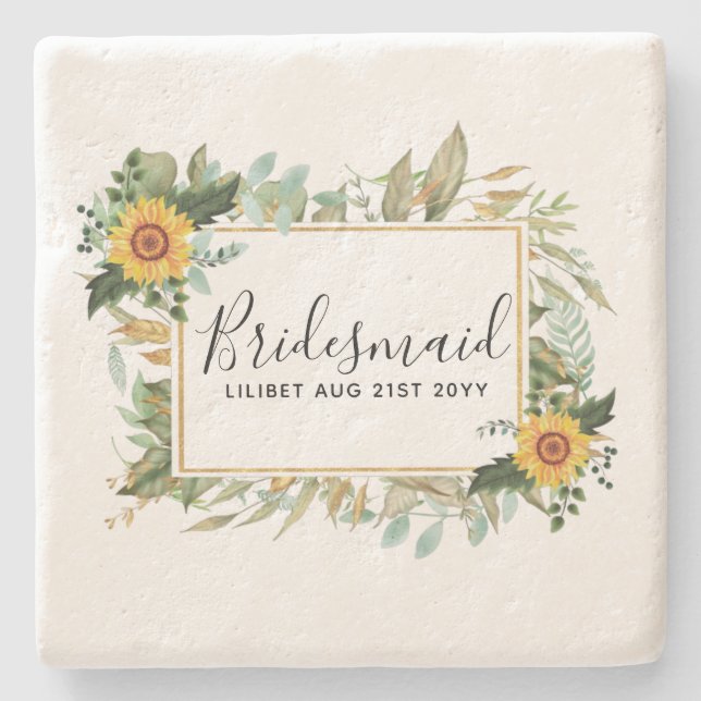 Posavasos De Piedra Boho Sunflower Sage Greenery Boda (Anverso)