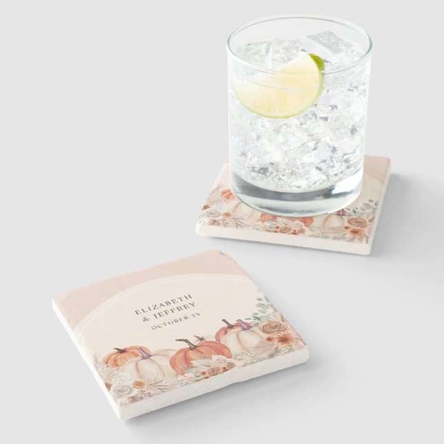 Posavasos De Piedra Boho Terracotta Pampas Pumpkins Fall Wedding (Lateral)