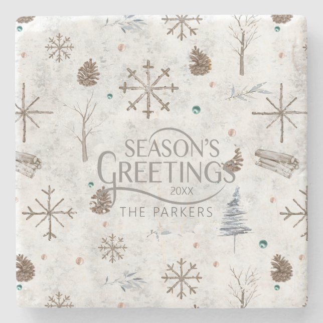 Posavasos De Piedra Boho Twigs & Pinecone Navidades ID986 (Anverso)