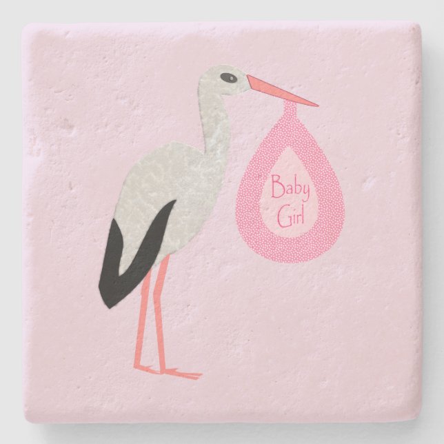 Posavasos De Piedra Bonito Bebé Rosa Stork (Anverso)
