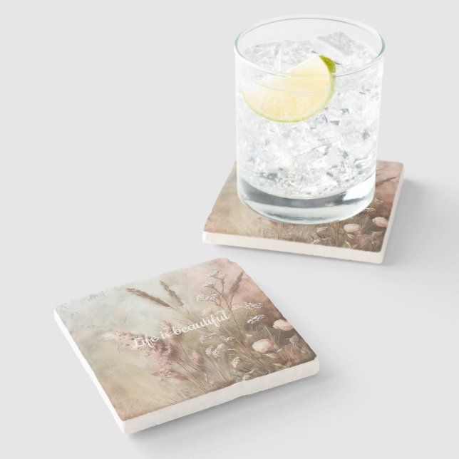 Posavasos De Piedra Bonito beige sonrosado floral boho chic (Lateral)