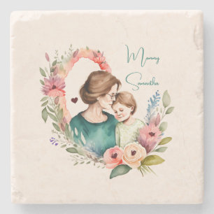 Posavasos De Piedra Bono de mamá y hija adorables - Marco floral (4)