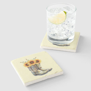 Posavasos De Piedra Boots rústicos de vaquero con girasoles