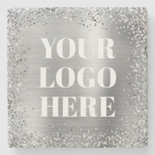 Posavasos De Piedra Borde de brillo plateado y logotipo de papel de al