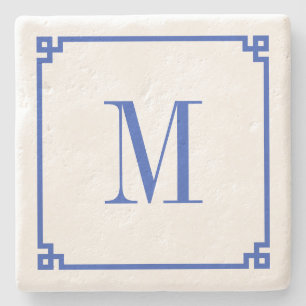 Posavasos De Piedra Borde de Monograma de Llave Griega Azul Cerúleo