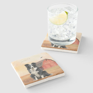 Posavasos De Piedra Border Collie Perro y Rancho de Granero Rojo