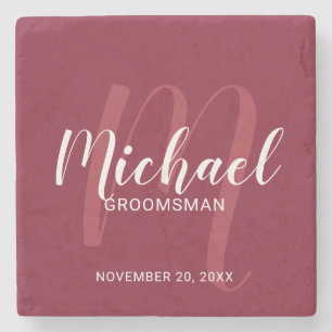 Posavasos De Piedra Borgoña Rojo Moderno Script Personalizado Groomsme