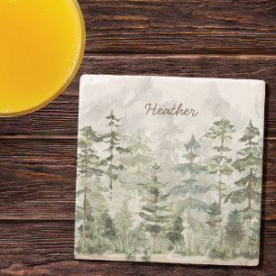 Posavasos De Piedra Bosque de Pino Verde de Montaña con Acuarela Monog