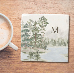 Posavasos De Piedra Bosque de Pino Verde y Lago Monogramado
