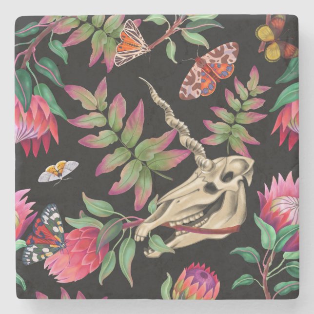 Posavasos De Piedra Bosque Mágico Unicornio Patrón Oscuro. (Anverso)