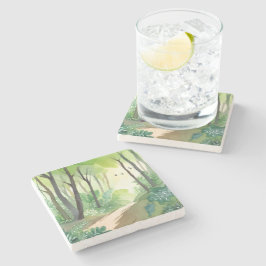Posavasos De Piedra Bosque Verde Floreciente | Acuarela de la Naturale