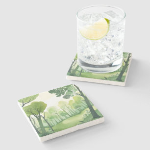 Posavasos De Piedra Bosque Verde Paisaje Acuarela Ligera